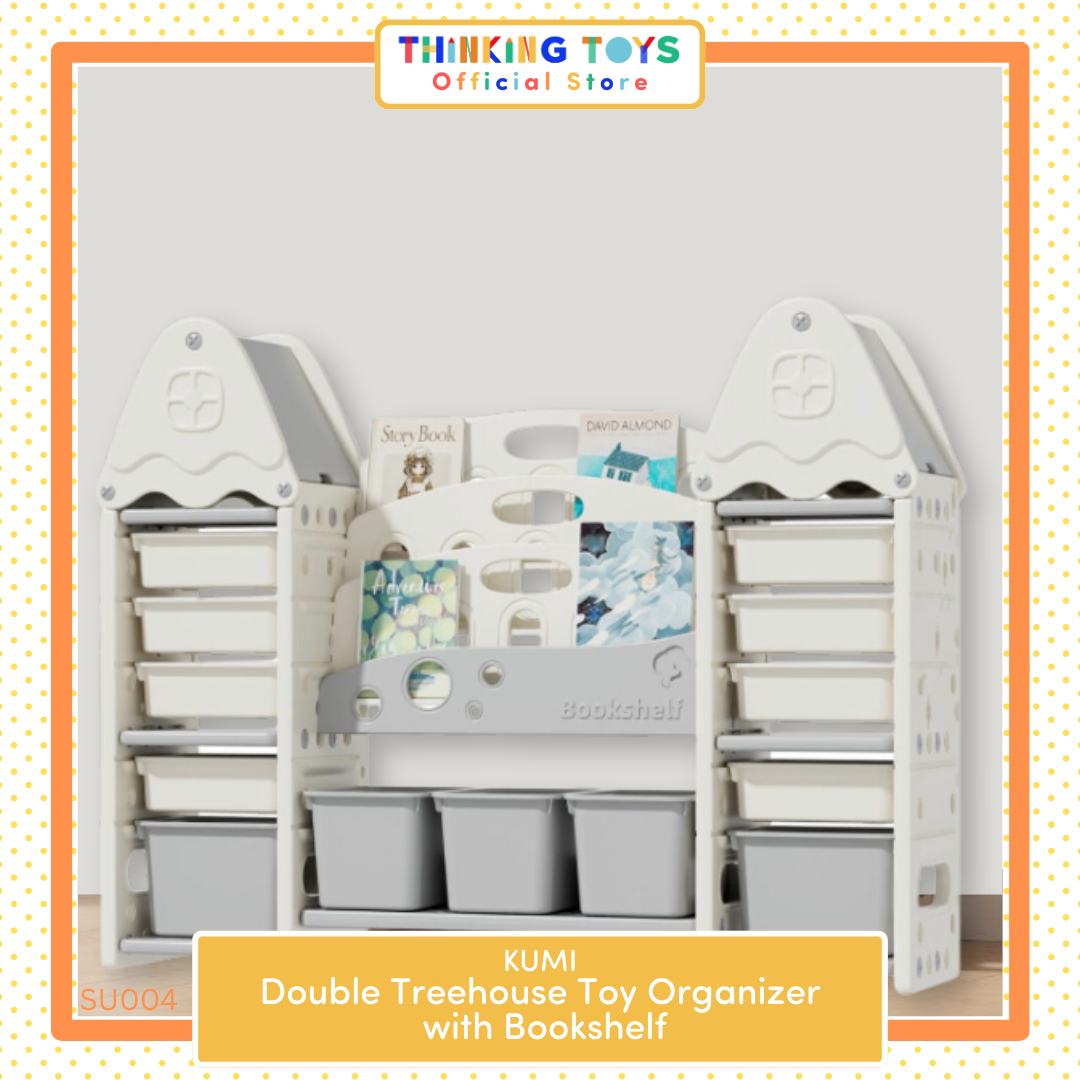 "SU004, Double Treehouse Toy Shelf
 with Bookshelf, Helps children learn independence and tidiness with accessible toy organization."