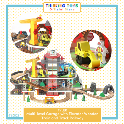 TS002, TYLER Multi-level Garage with Elevator Wooden Train & Track Railway Set, Builds teamwork and storytelling as kids imagine loading, transporting, and exploring.