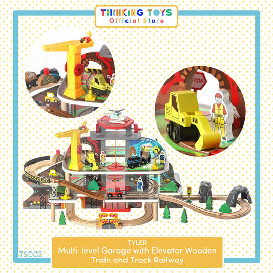 TS002, TYLER Multi-level Garage with Elevator Wooden Train & Track Railway Set, Builds teamwork and storytelling as kids imagine loading, transporting, and exploring.