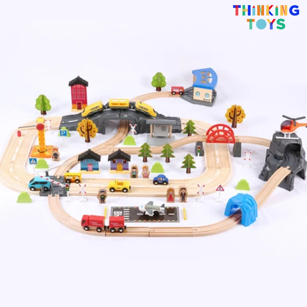 TS003, TYLER Deluxe Wooden Cargo & Train Track Railway Set, Supports long play sessions with creative storytelling, problem-solving, and teamwork.