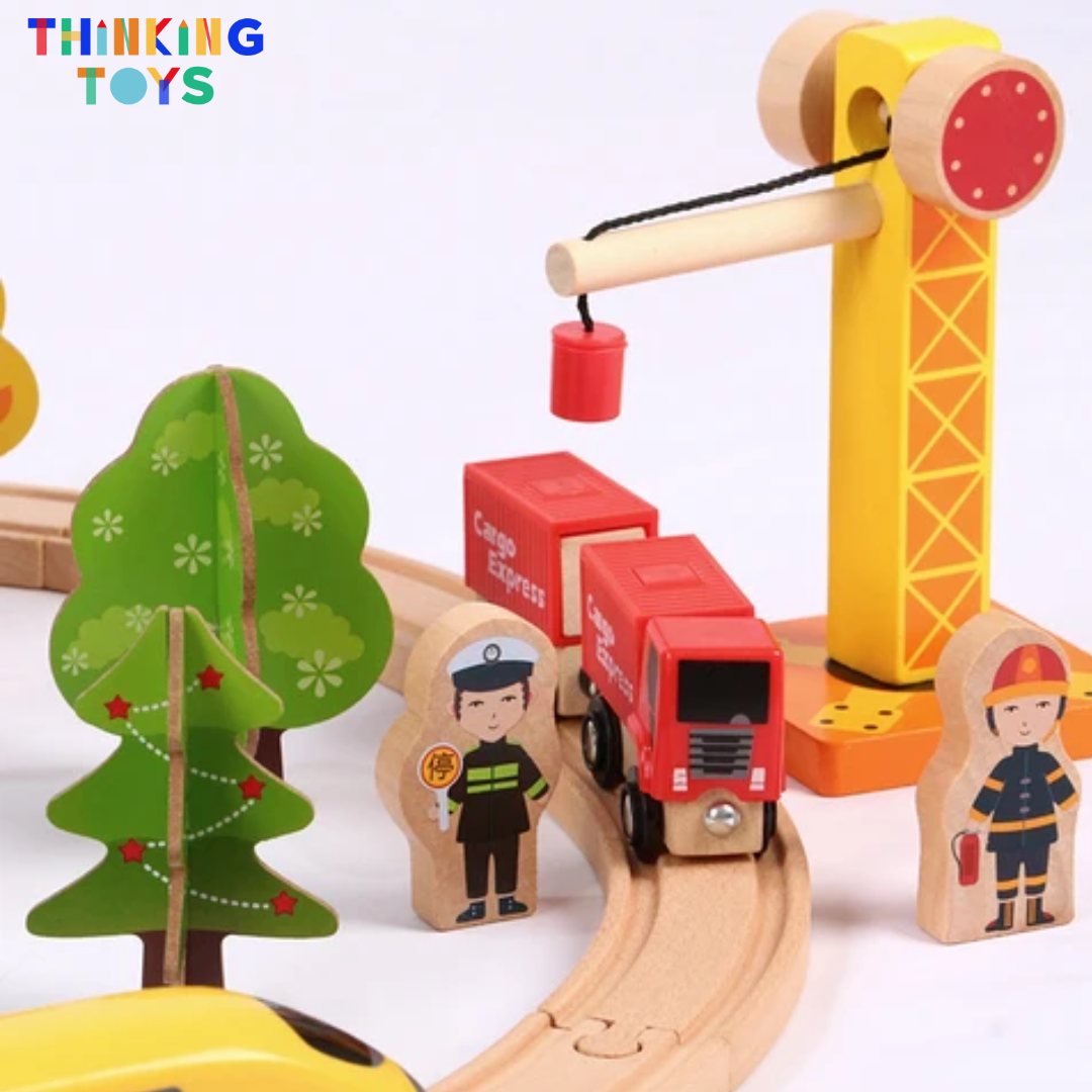 TS003, TYLER Deluxe Wooden Cargo & Train Track Railway Set, Supports long play sessions with creative storytelling, problem-solving, and teamwork.