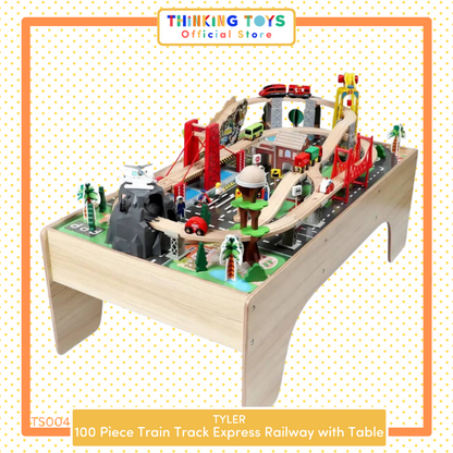 TS004, 100 Piece Train Track Express Railway with Table, Inspires imaginative vehicle play while teaching organization, sequencing, and storytelling.