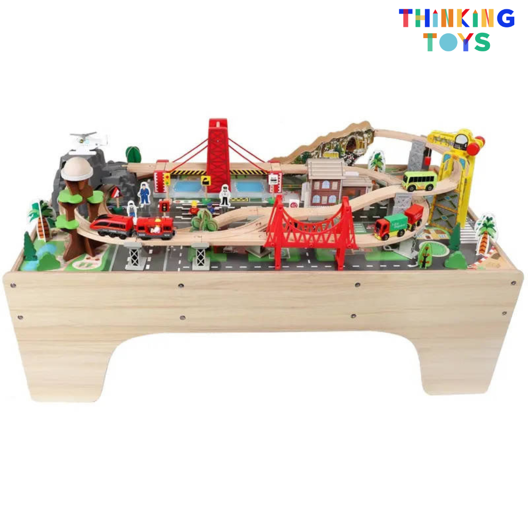 TS004, 100 Piece Train Track Express Railway with Table, Inspires imaginative vehicle play while teaching organization, sequencing, and storytelling.