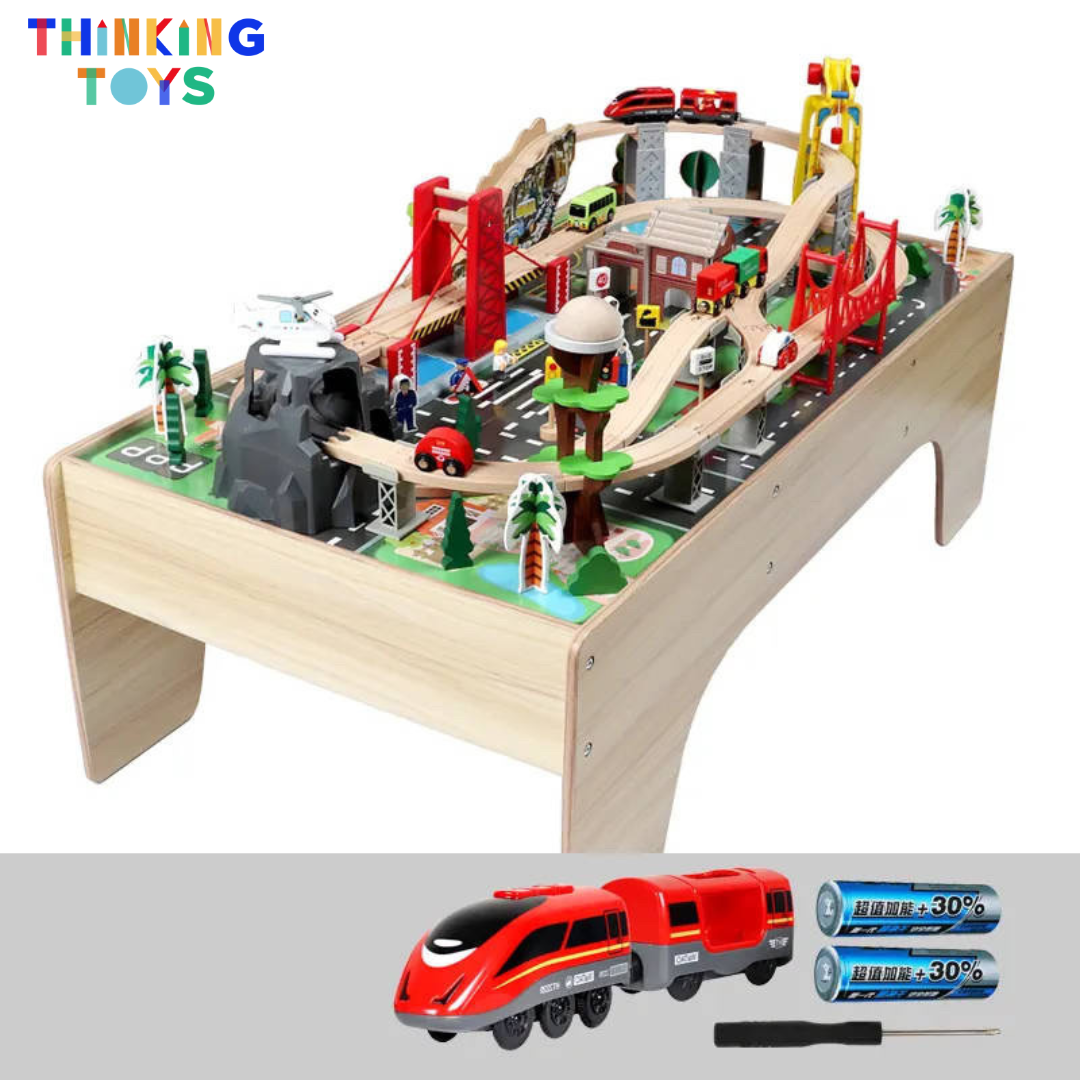 TS004, 100 Piece Train Track Express Railway with Table, Inspires imaginative vehicle play while teaching organization, sequencing, and storytelling.