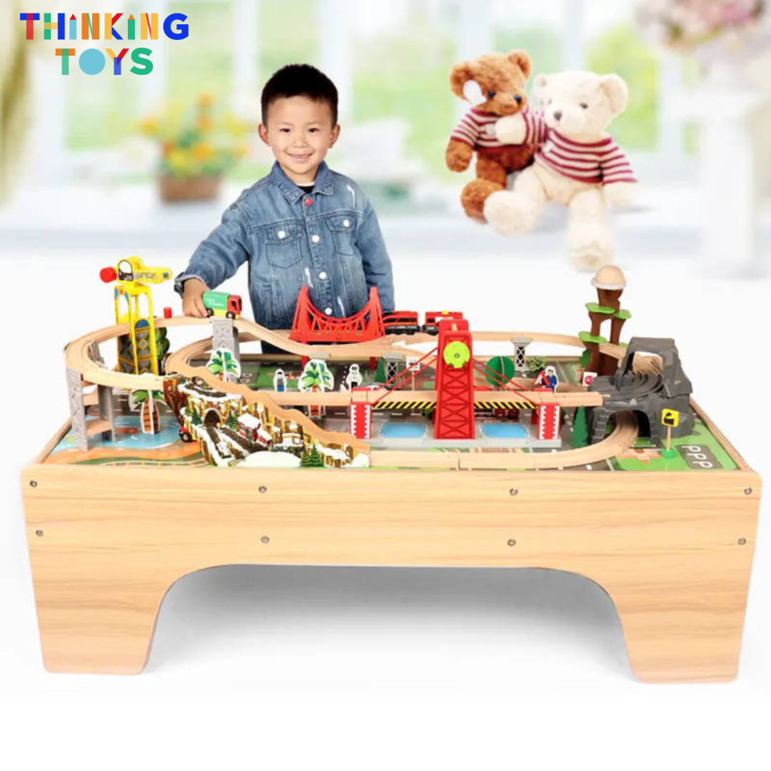 TS004, 100 Piece Train Track Express Railway with Table, Inspires imaginative vehicle play while teaching organization, sequencing, and storytelling.