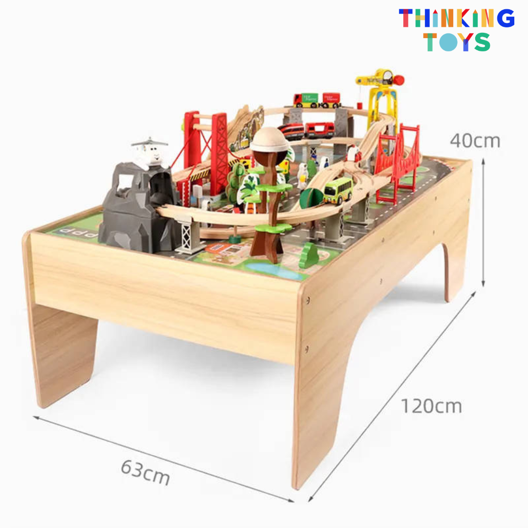 TS004, 100 Piece Train Track Express Railway with Table, Inspires imaginative vehicle play while teaching organization, sequencing, and storytelling.